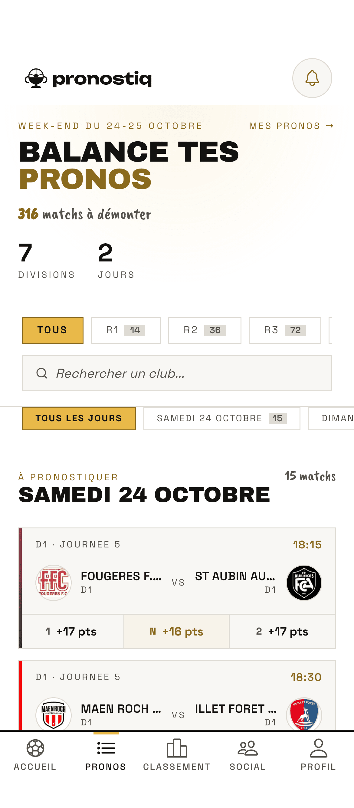 Liste des matchs du week-end à pronostiquer