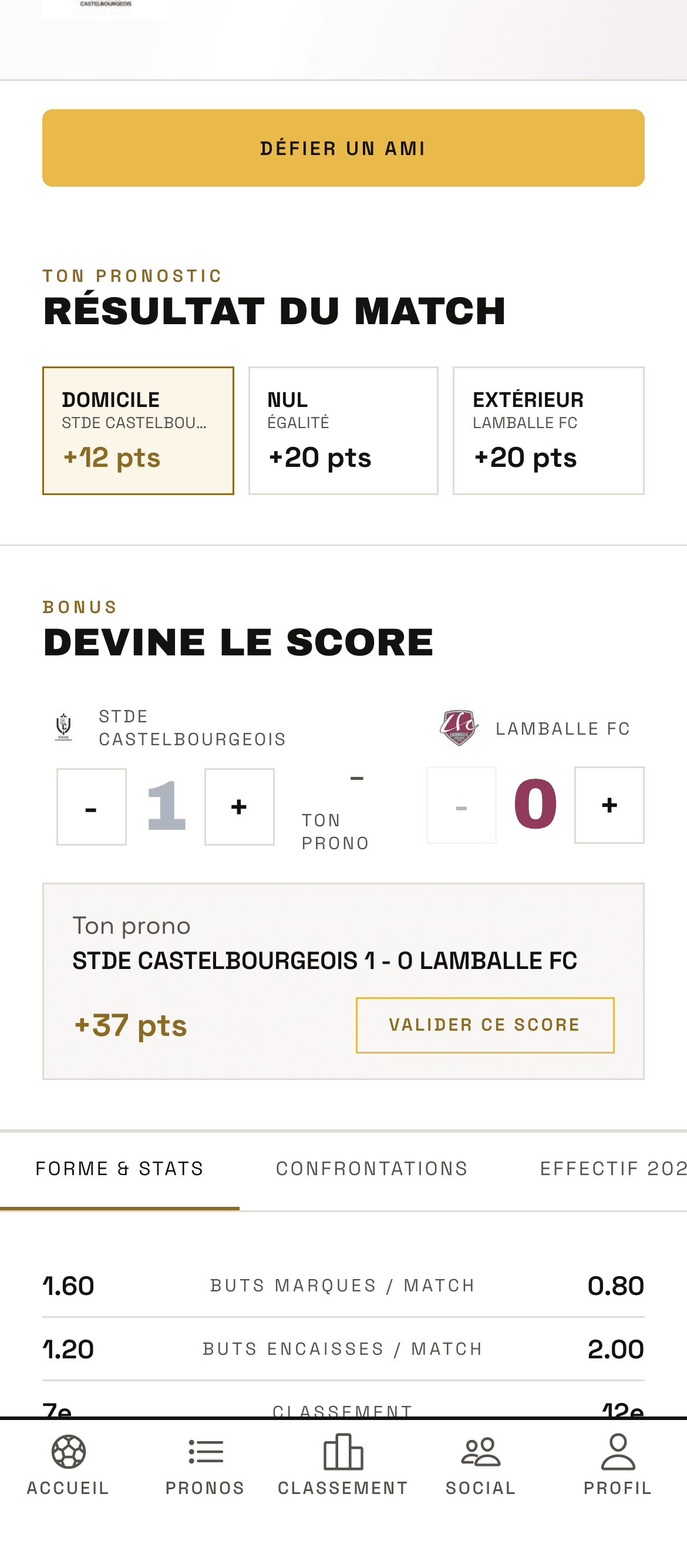 Prono sur un match : vainqueur et score exact